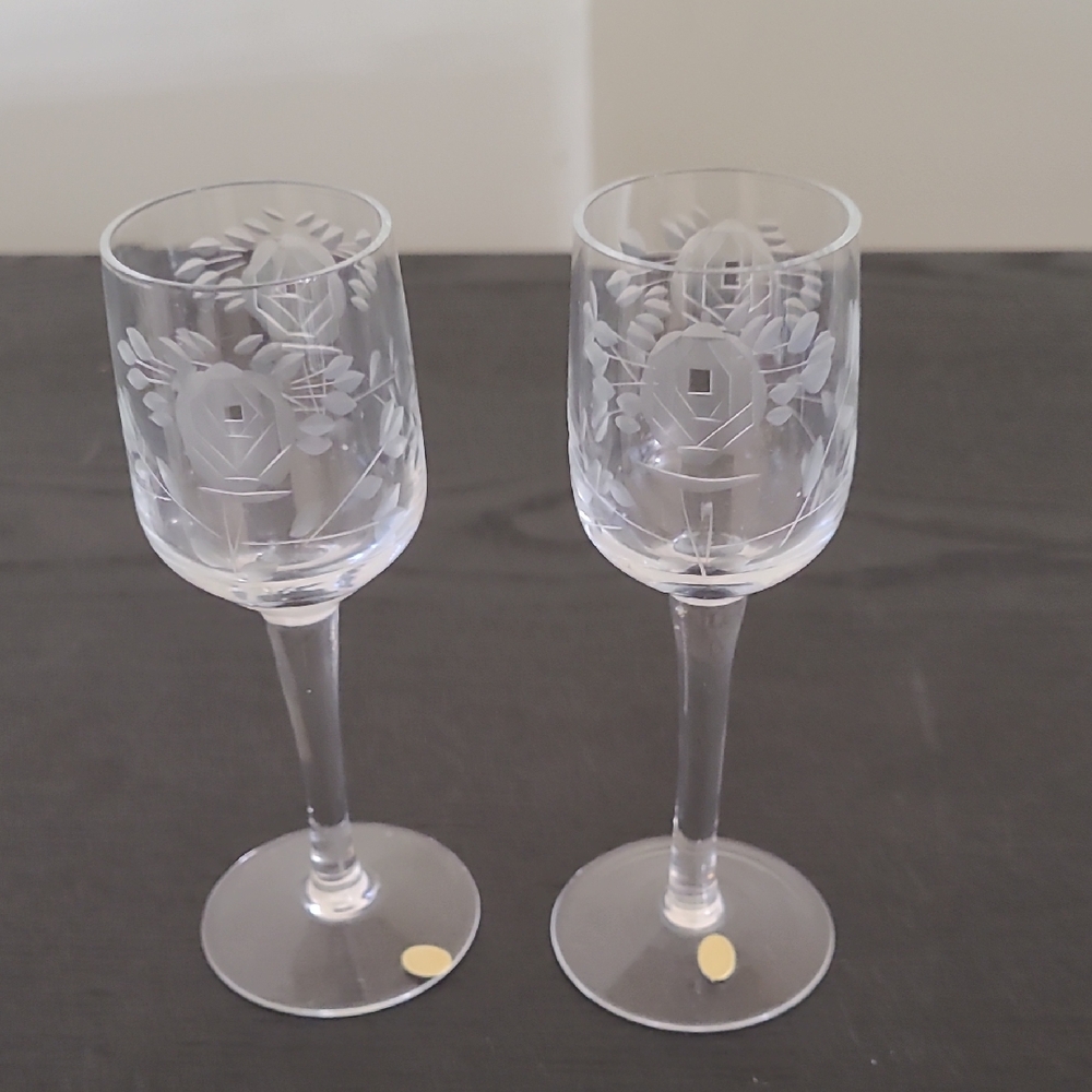 Etched Crystal Cordial Set Of 2 Glasses